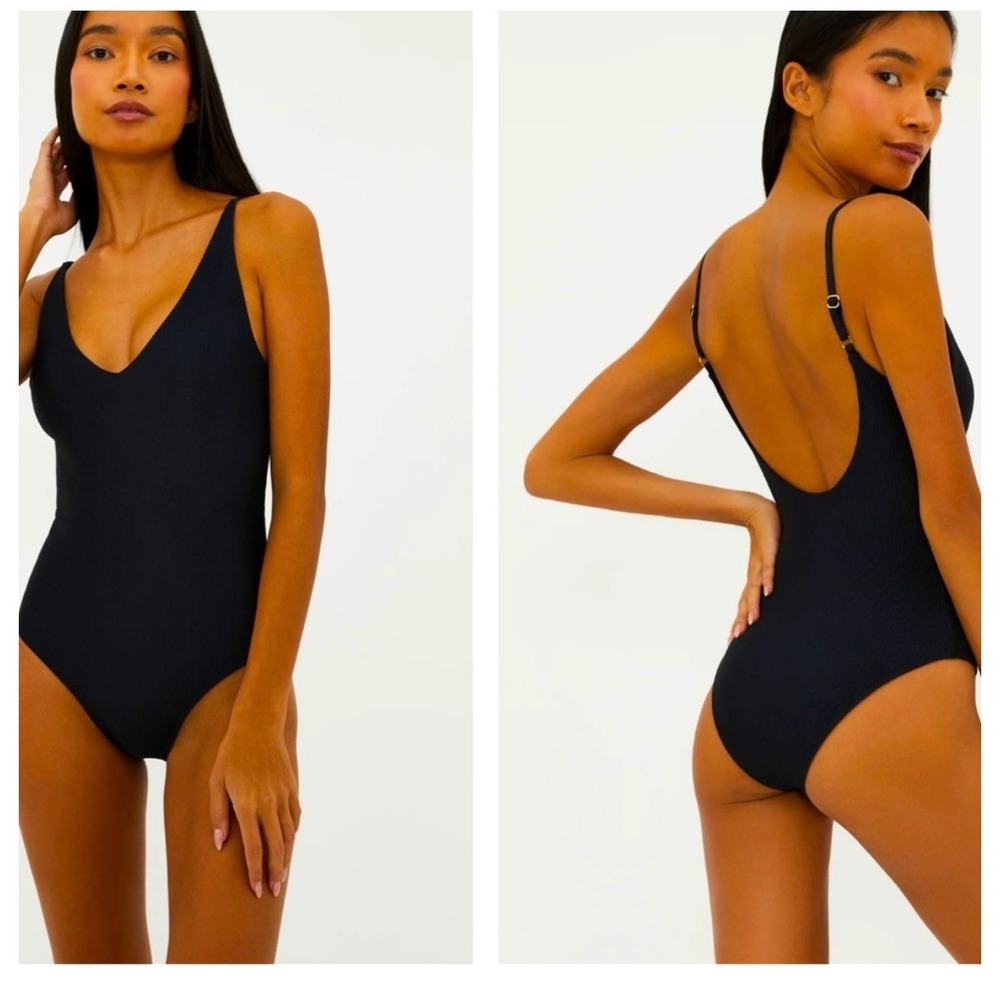 Beach Riot Reese One Piece Swimsuit Black Ribbed Plunge Neck BR8043C2 Size L